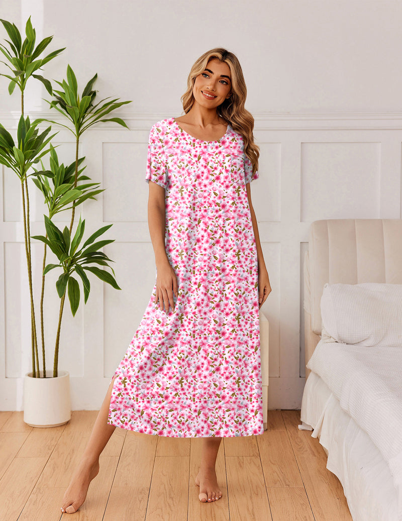 Pink floral long nightgown with short sleeves, gathered skirt hem