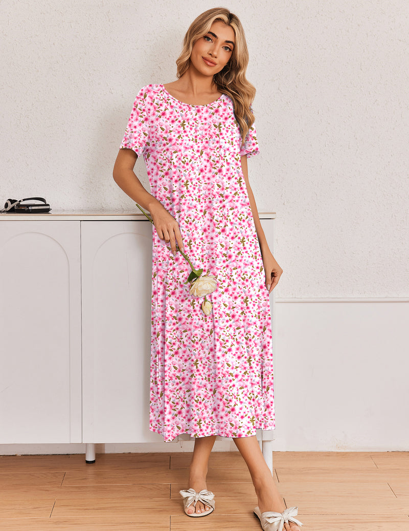 Pink floral long nightgown with short sleeves and allover small blossom print