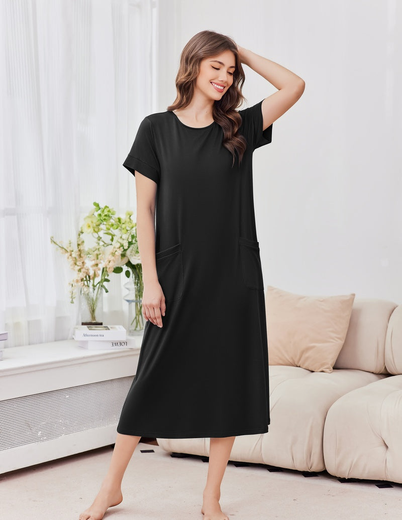 Ekouaer long black nightgown with short sleeves, crew neck, relaxed fit