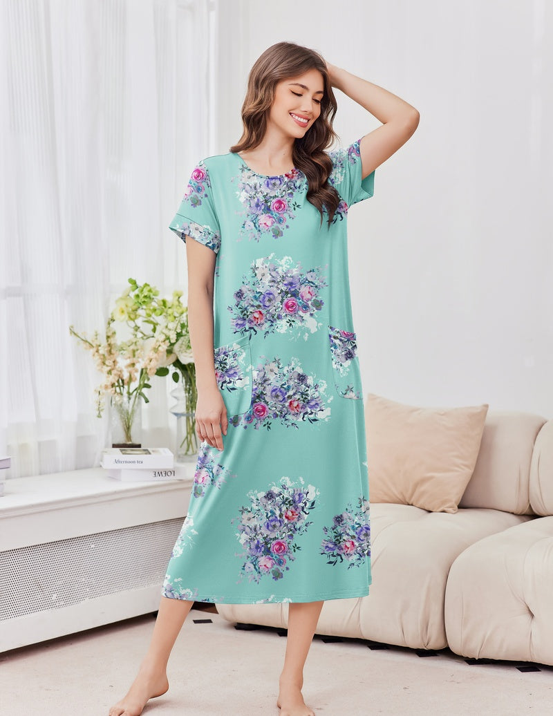 Ekouaer long nightgown in mint green with multicolor floral print, short sleeves, crew neck
