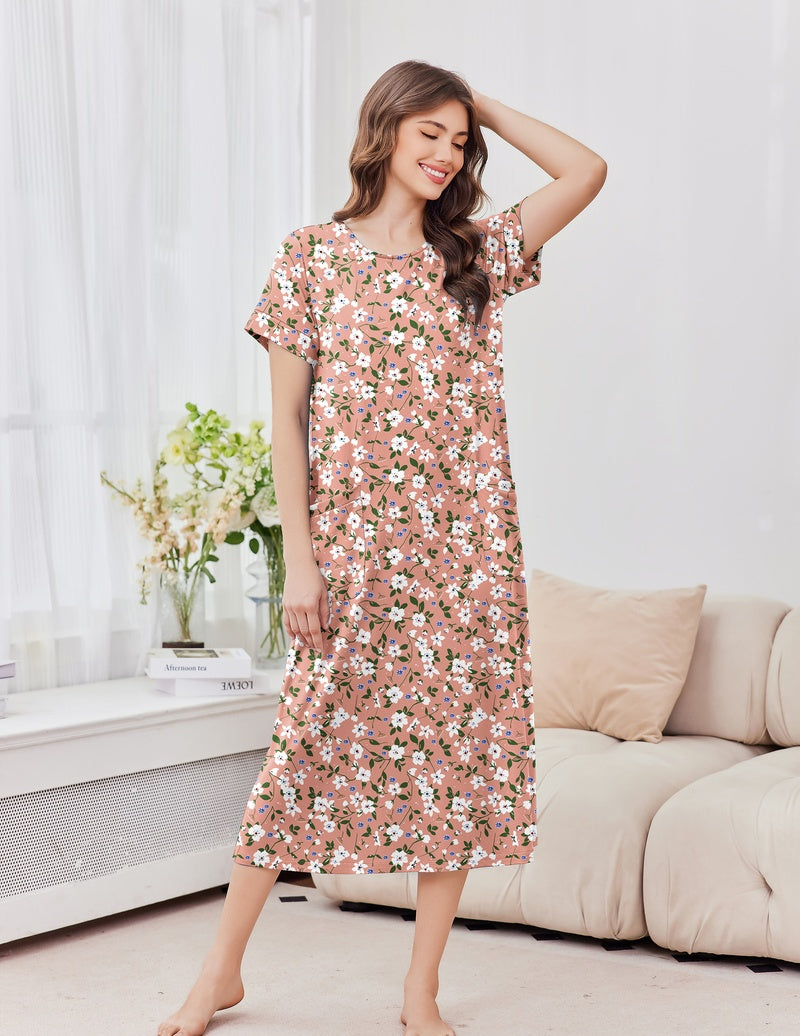 Ekouaer long nightgown in dusty pink with small floral print, short sleeves, crew neck