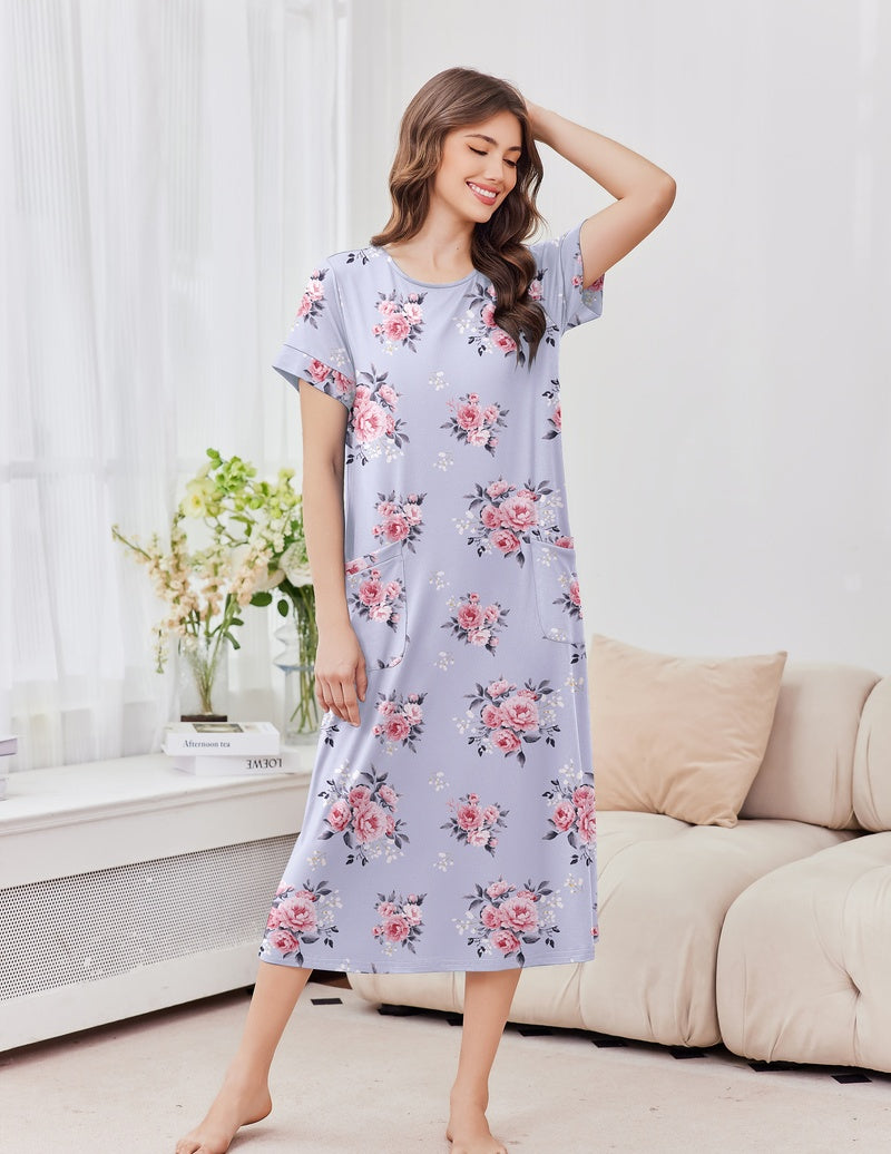 Ekouaer long nightgown in light lavender with pink floral print, short sleeves, crew neck