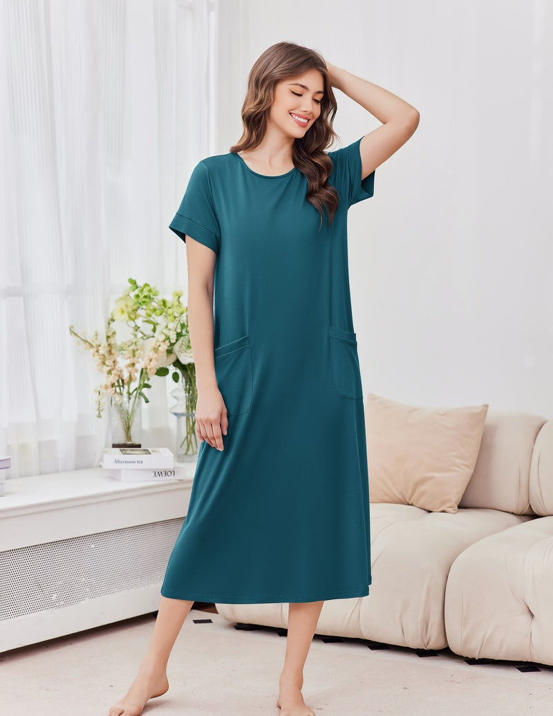 Ekouaer long nightgown in teal with short sleeves, crew neck, relaxed fit