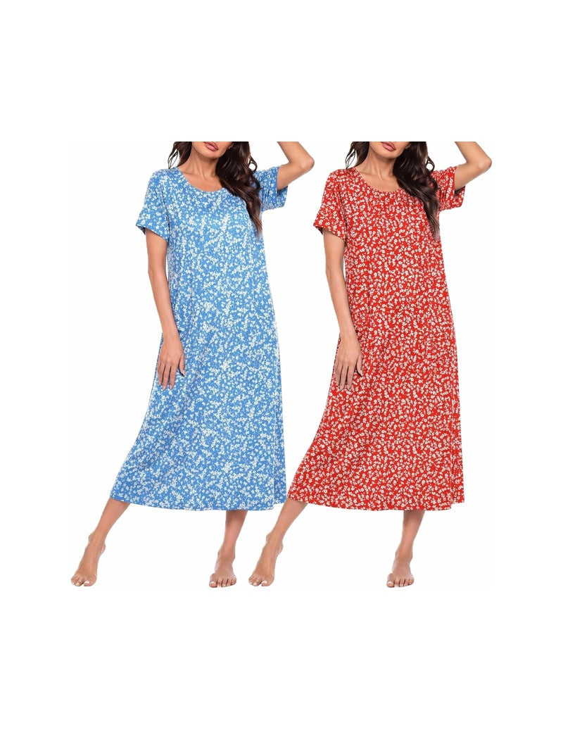 2-pack short sleeve crew neck long nightgown, light blue floral and red floral