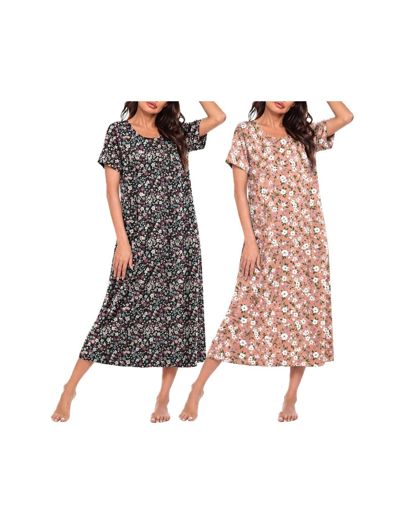 2-pack short sleeve crew neck long nightgown, black floral and blush floral