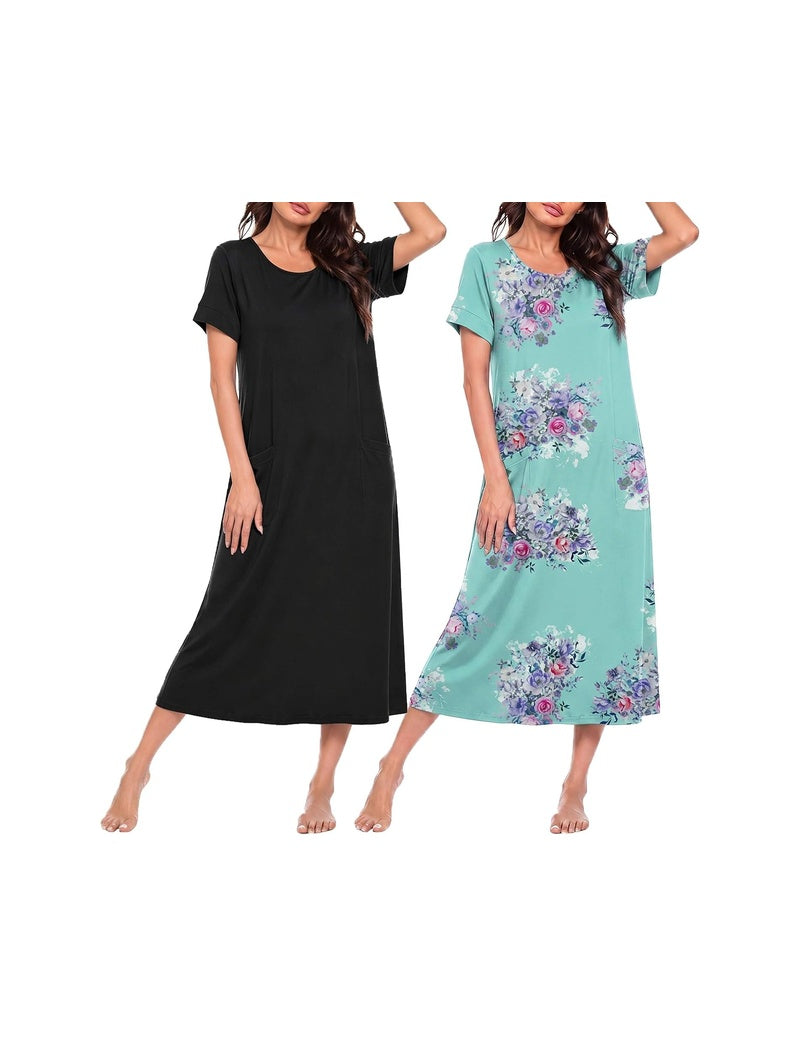2-pack short sleeve crew neck long nightgown, black solid and mint floral print