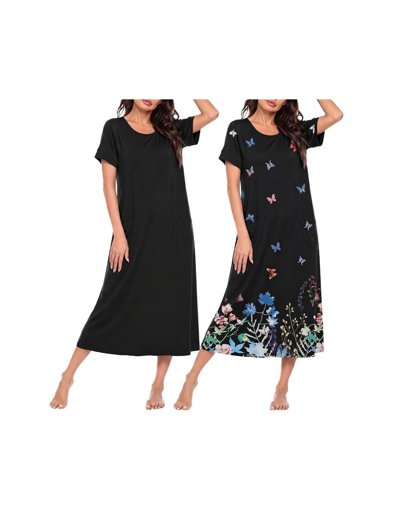2-pack short sleeve crew neck long nightgown, black solid and butterfly print