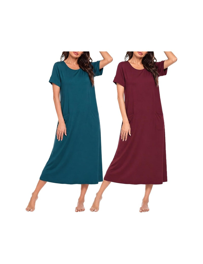 2-pack short sleeve crew neck long nightgown, teal solid and maroon solid