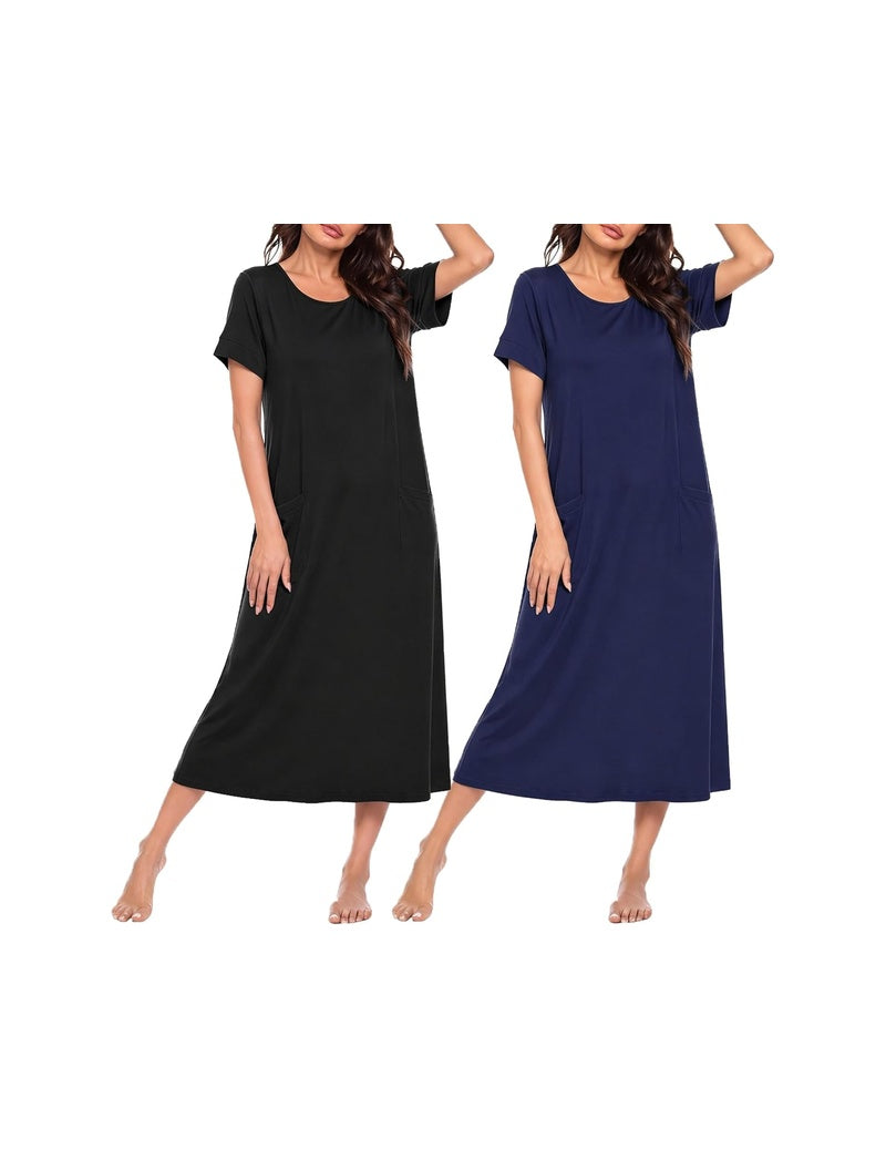 Long nightgown set with short sleeves and crew neck; black and navy solid dresses