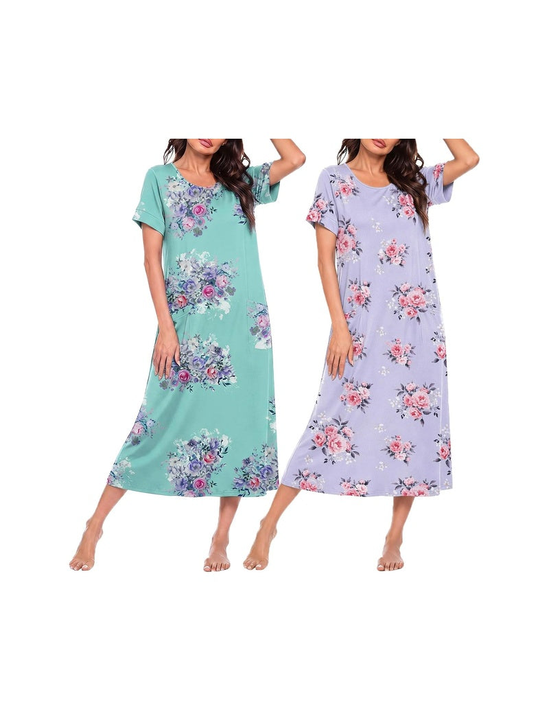 Long nightgown set with short sleeves and crew neck; teal and light lavender floral dresses