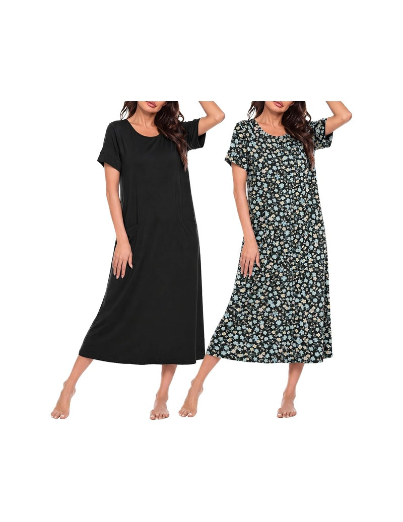 Long nightgown set with short sleeves and crew neck; black solid and dark floral dresses