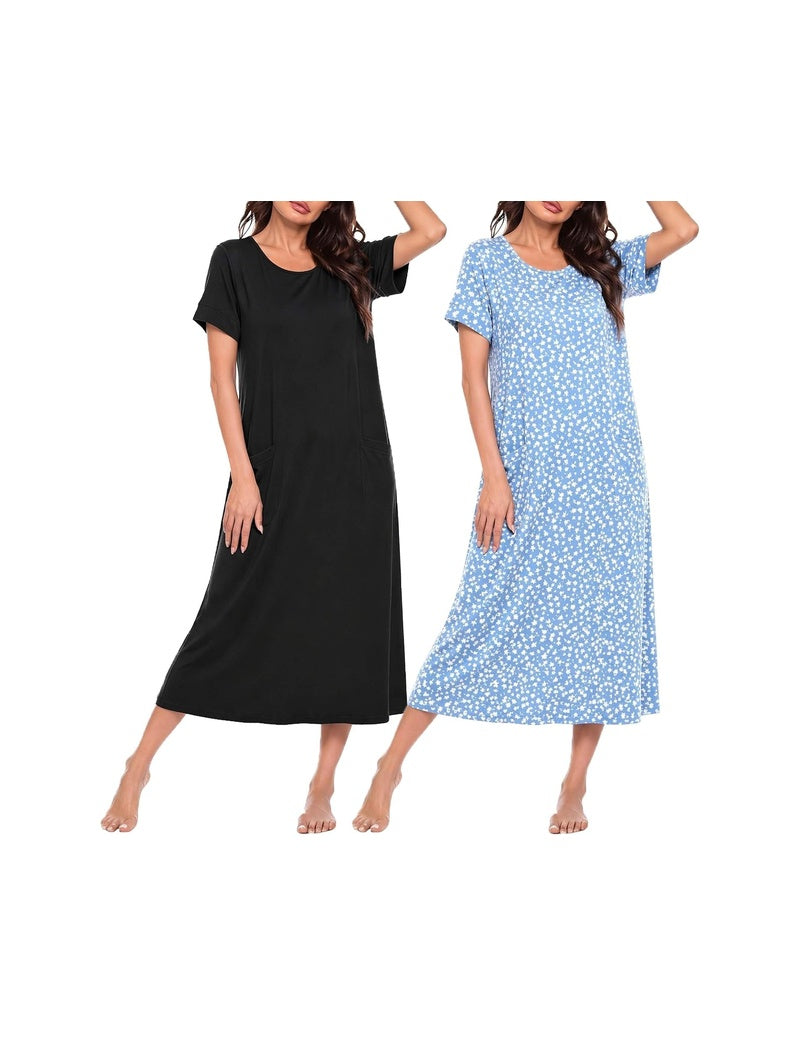 Long nightgown set with short sleeves and crew neck; black solid and light blue dotted dresses
