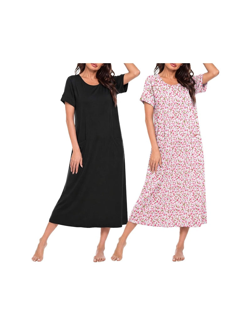 Long nightgown set with short sleeves and crew neck; black solid and pink tiny floral dresses