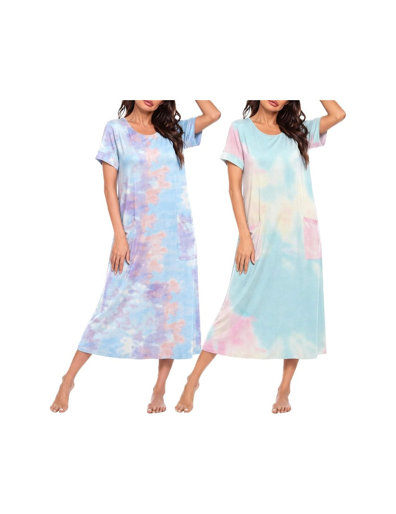 Long nightgown set with short sleeves and crew neck; pastel tie-dye dresses in blue and pink