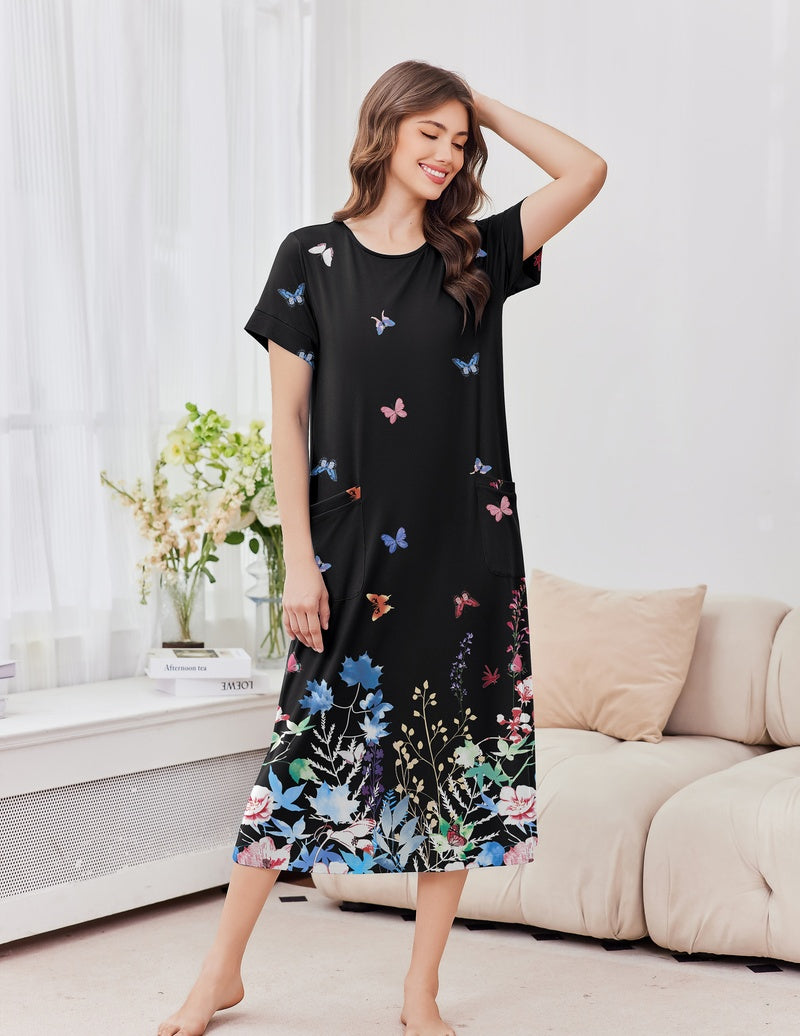 Ekouaer long black nightgown with butterfly floral print, short sleeves, crew neck