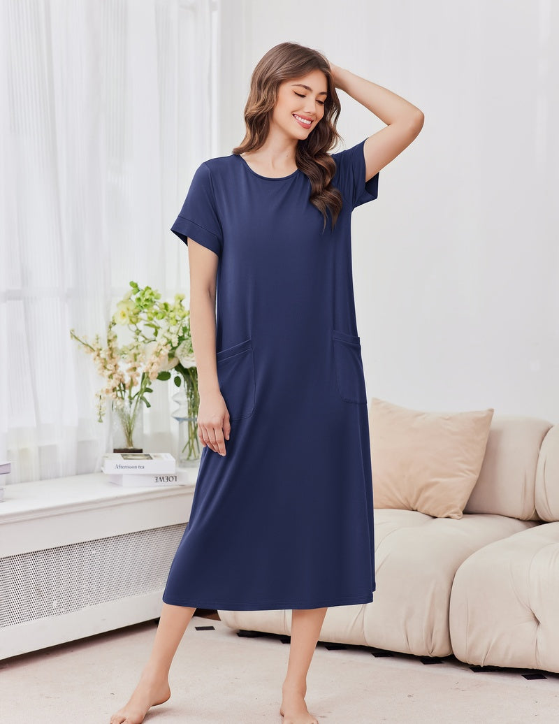 Ekouaer long nightgown in deep navy blue with short sleeves, crew neck, relaxed fit