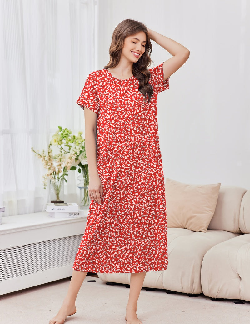 Ekouaer long nightgown in bright red with white floral pattern, short sleeves, crew neck