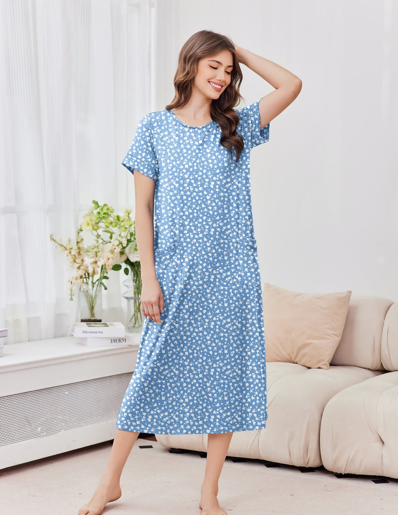 Ekouaer long nightgown in light blue with white tiny floral print, short sleeves, crew neck