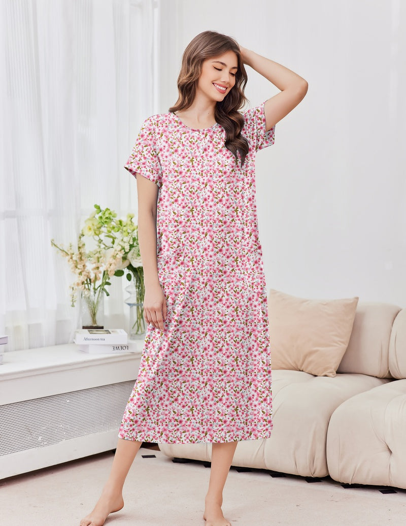 Ekouaer long nightgown in pink with tiny multicolor floral print, short sleeves, crew neck