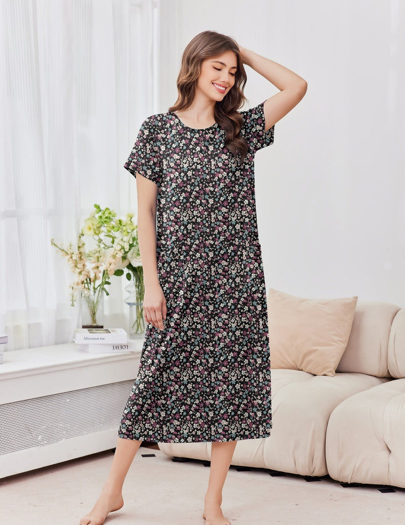 2-pack short sleeve crew neck long nightgown, black floral print
