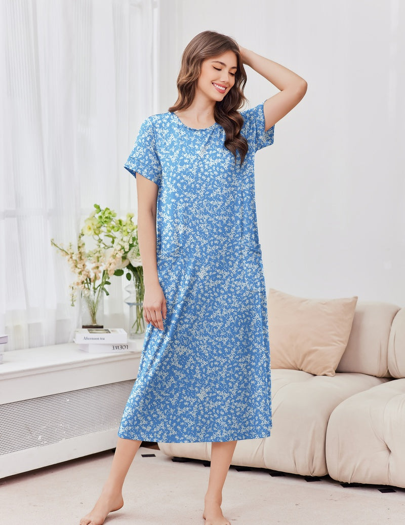 2-pack short sleeve crew neck long nightgown, light blue floral print