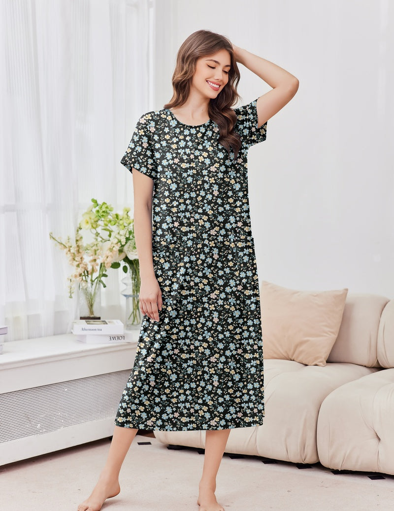 2-pack short sleeve crew neck long nightgown, black daisy floral print