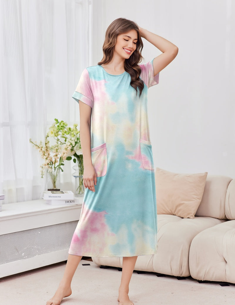 2-pack short sleeve crew neck long nightgown, pastel blue and pink tie-dye