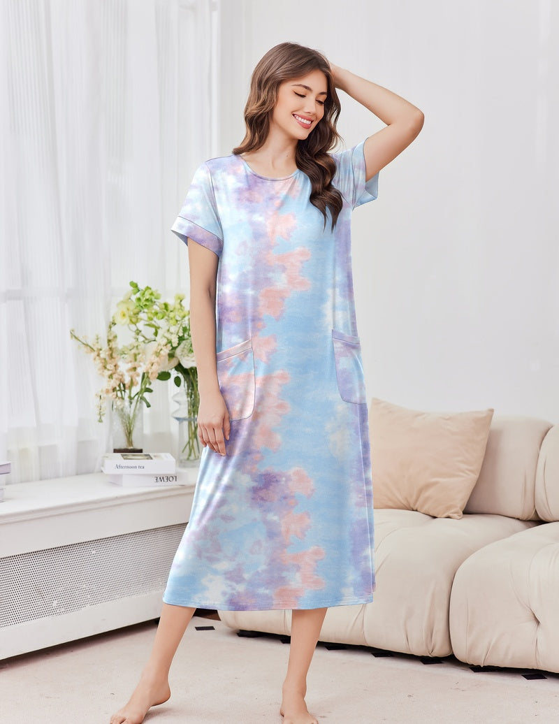 2-pack short sleeve crew neck long nightgown, light blue with pink tie-dye