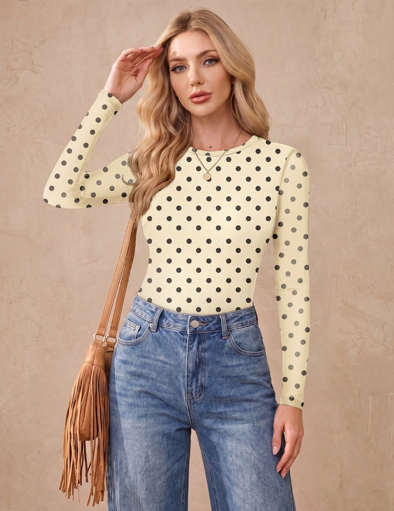 Sheer mesh ruched long-sleeve top with polka dot print, crew neck