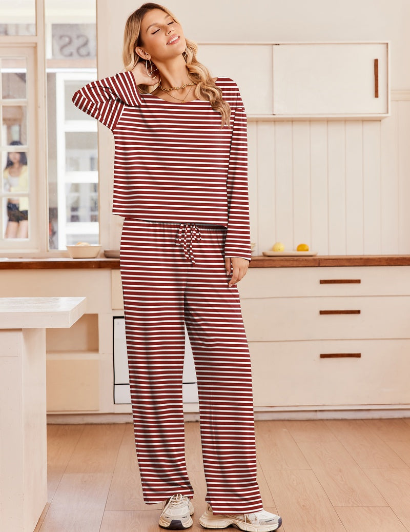 Red and white striped off-shoulder lounge set with drawstring full-length pants