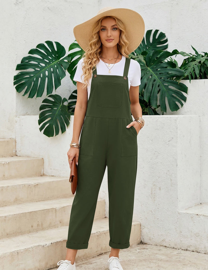 Green bib overalls jumpsuit with pockets, wide-leg fit, adjustable straps