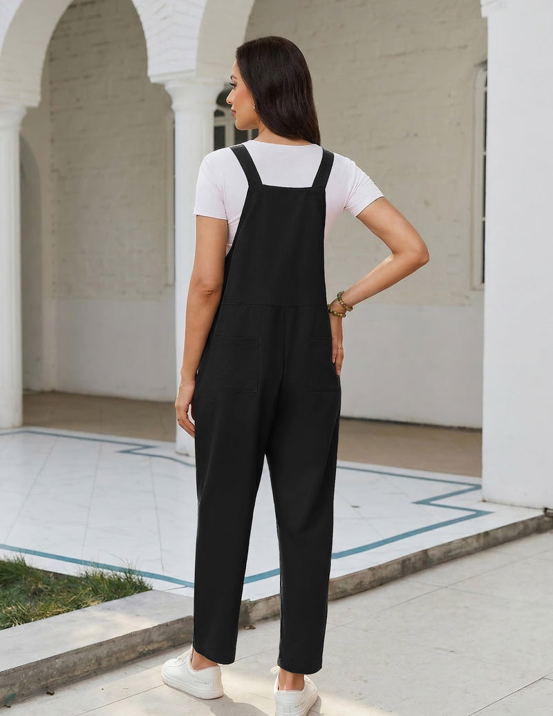 Black bib overalls jumpsuit with pockets, wide-leg fit, adjustable straps