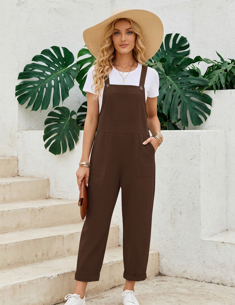 Brown bib overalls jumpsuit with pockets, wide-leg fit, adjustable straps