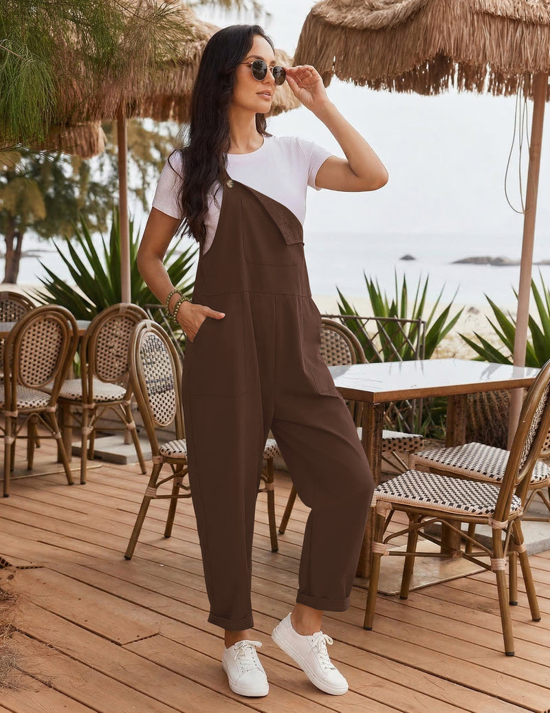 Brown bib overalls jumpsuit with pockets, wide-leg fit, adjustable straps