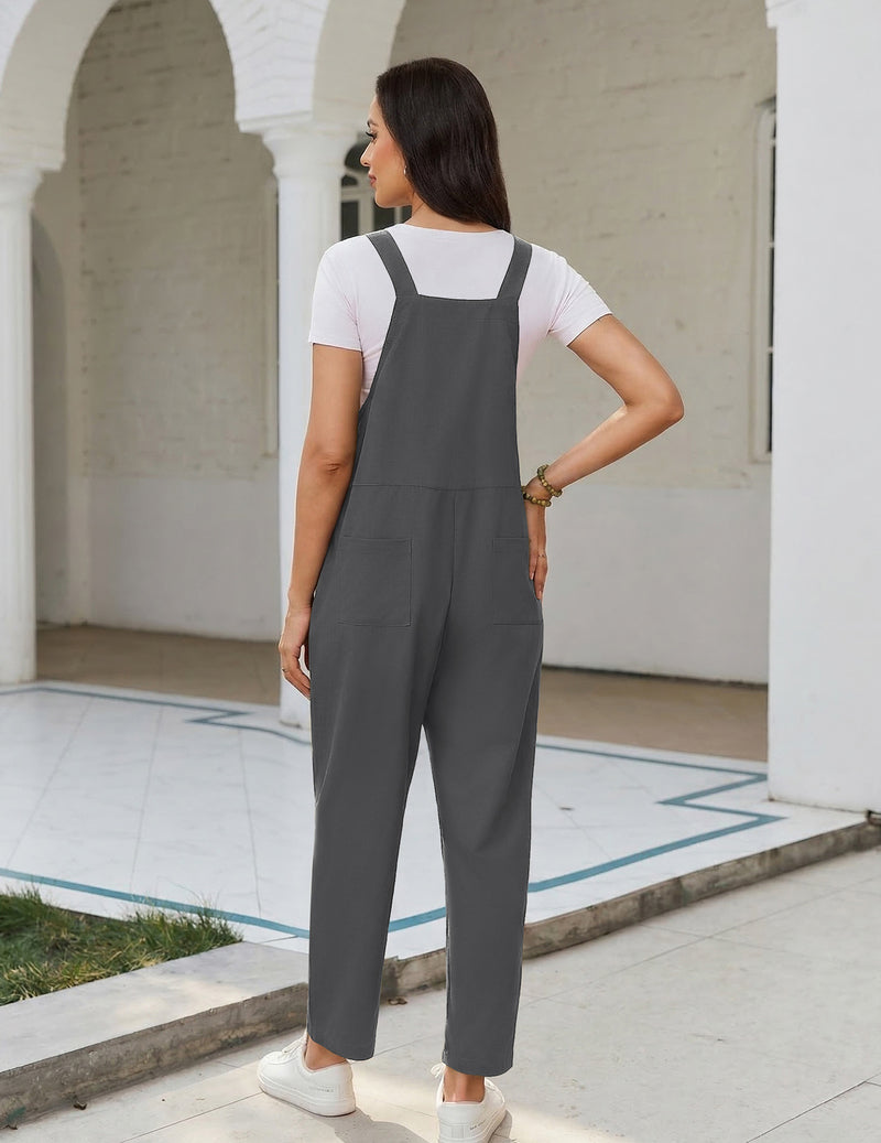 Dark gray bib overalls jumpsuit with pockets, wide-leg fit, adjustable straps