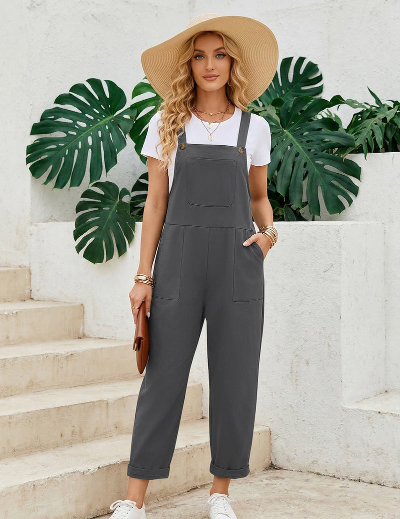 Gray bib overalls jumpsuit with pockets, wide-leg fit, adjustable straps
