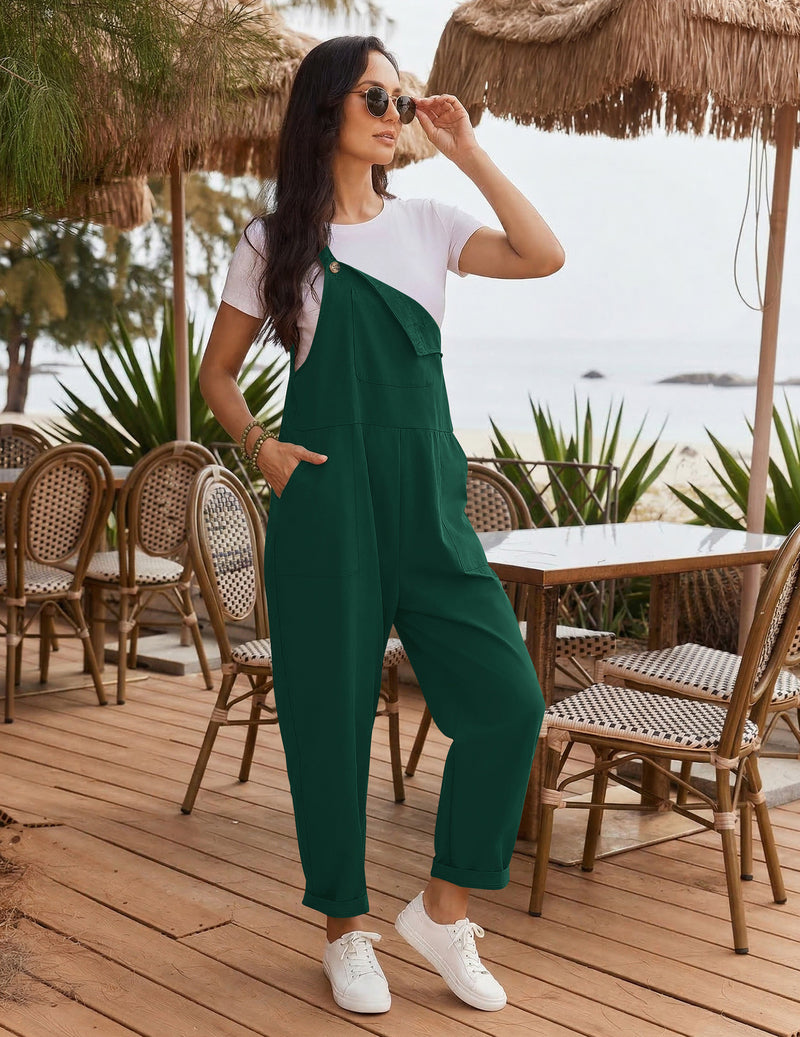 Baggy bib sleeveless jumpsuit overalls in dark green with front pocket straps