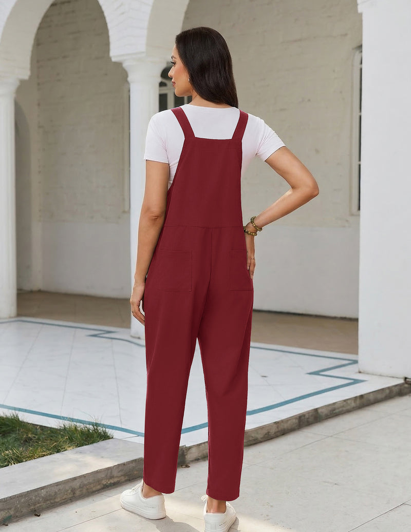 Baggy bib sleeveless jumpsuit overalls in wine red from the back with wide straps