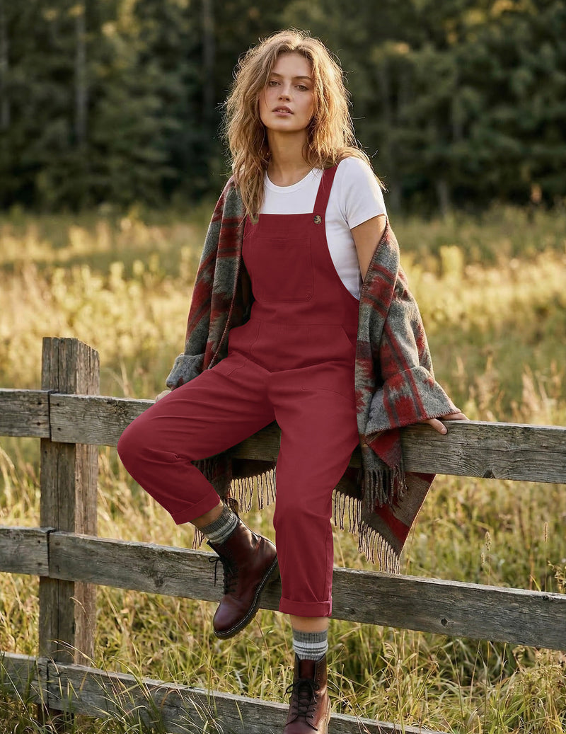 Baggy bib sleeveless jumpsuit overalls in wine red with bib front and pockets