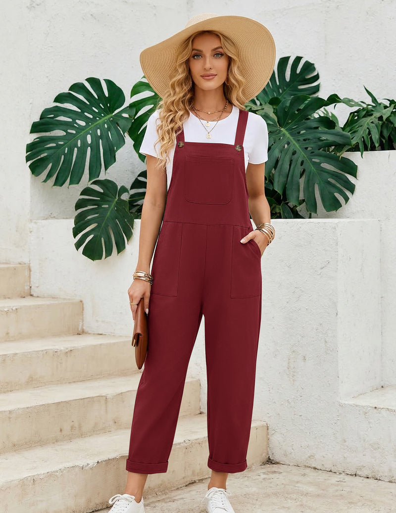 Baggy bib sleeveless jumpsuit overalls in wine red with chest bib and wide legs