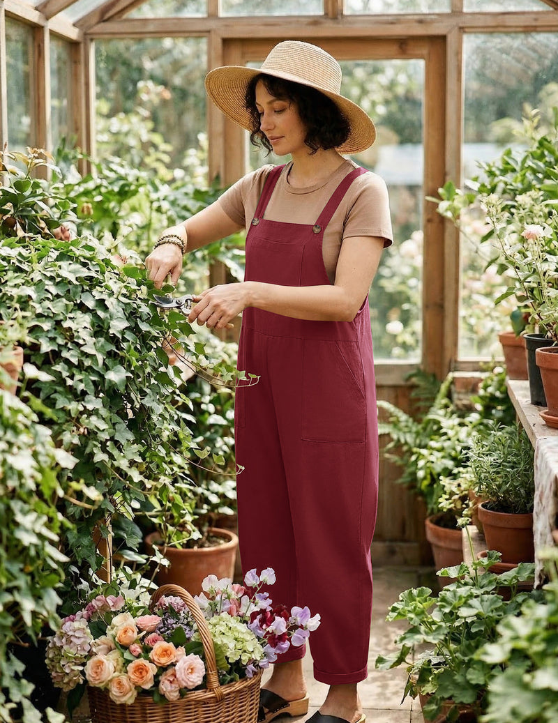 Baggy bib sleeveless jumpsuit overalls in wine red with bib front and side pockets