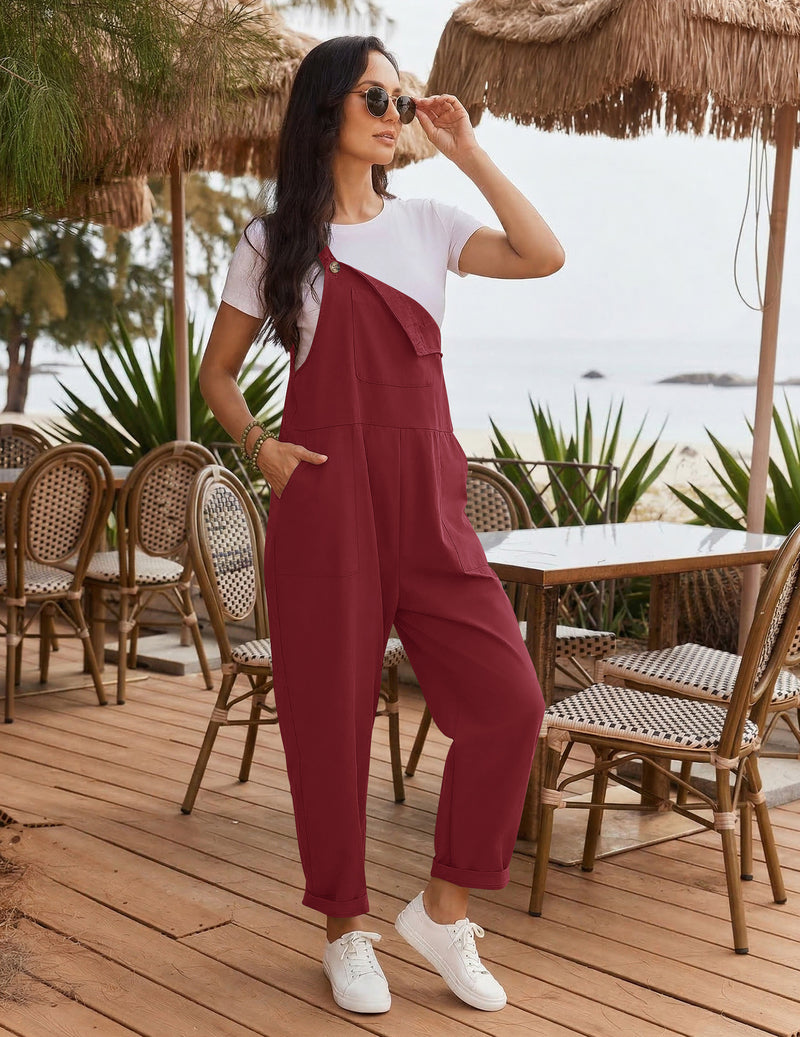 Baggy bib sleeveless jumpsuit overalls in wine red with front bib and relaxed wide legs