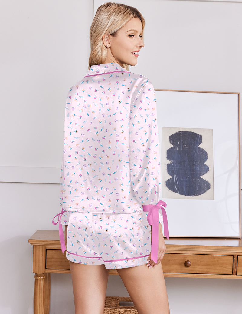 Satin bow-tie pajama set, light pink long-sleeve back view with matching tie-waist shorts