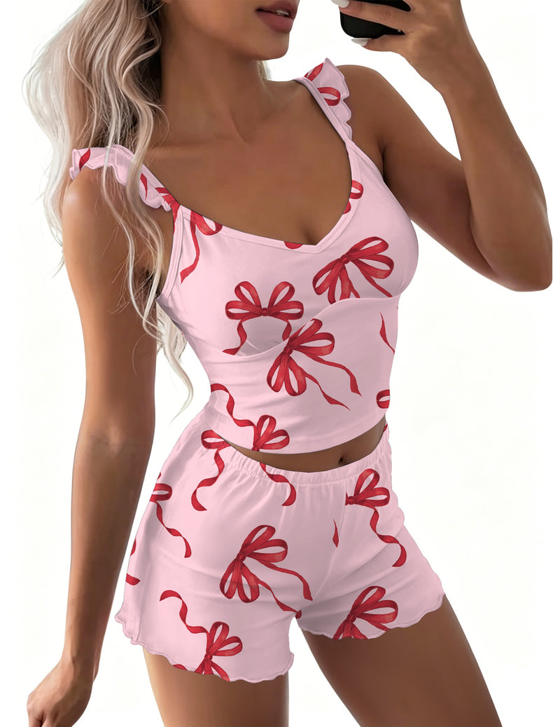 Ekouaer Summer Built-In Bra Ruffle Pajamas Set