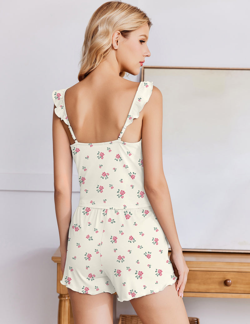 Ekouaer Summer Built-In Bra Ruffle Pajamas Set