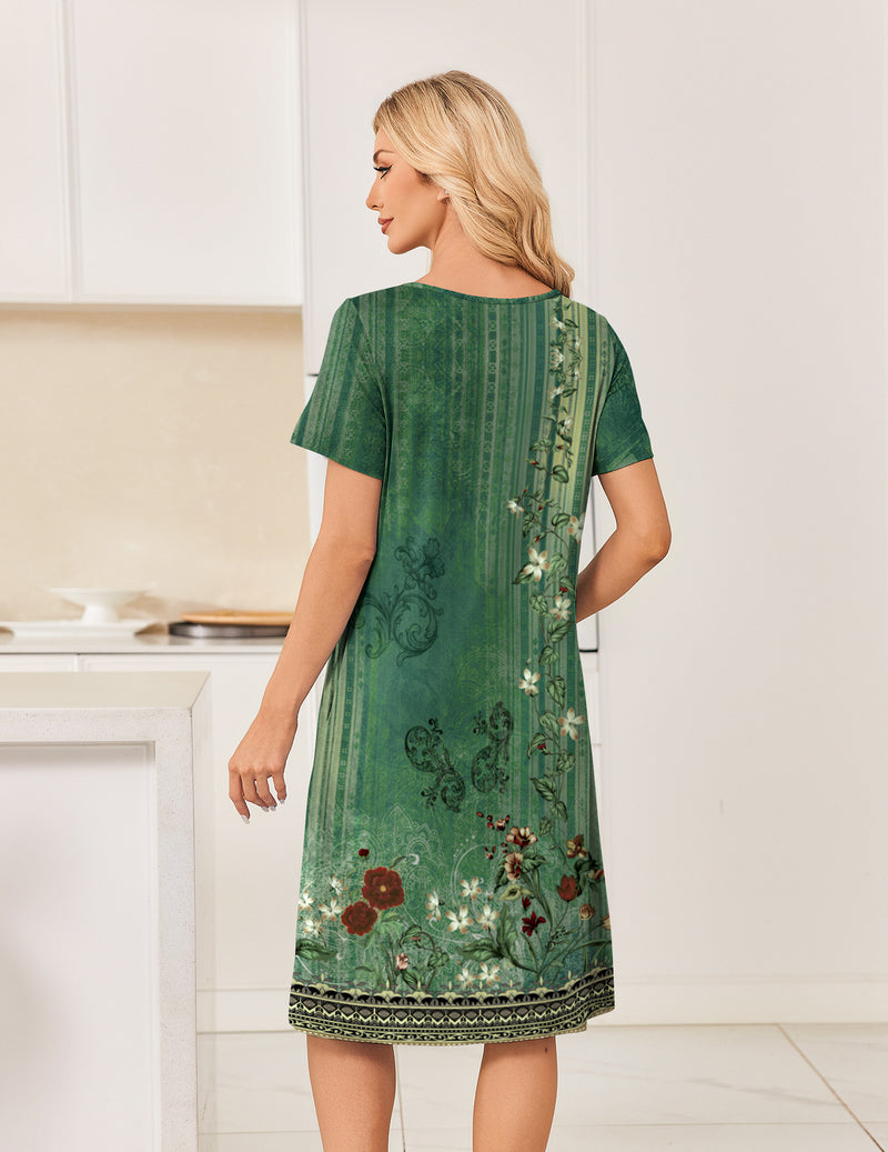 Green short-sleeve mumu dress with ornate floral print and scoop neckline