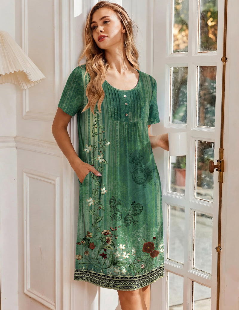 Ekouaer Floral Pleated Short Sleeve Mumu House Dress