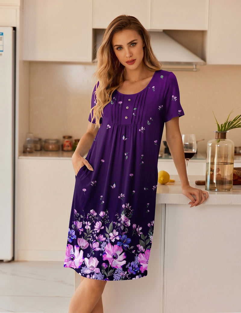 Floral short-sleeve mumu house dress in deep purple with small blossoms, pleated skirt
