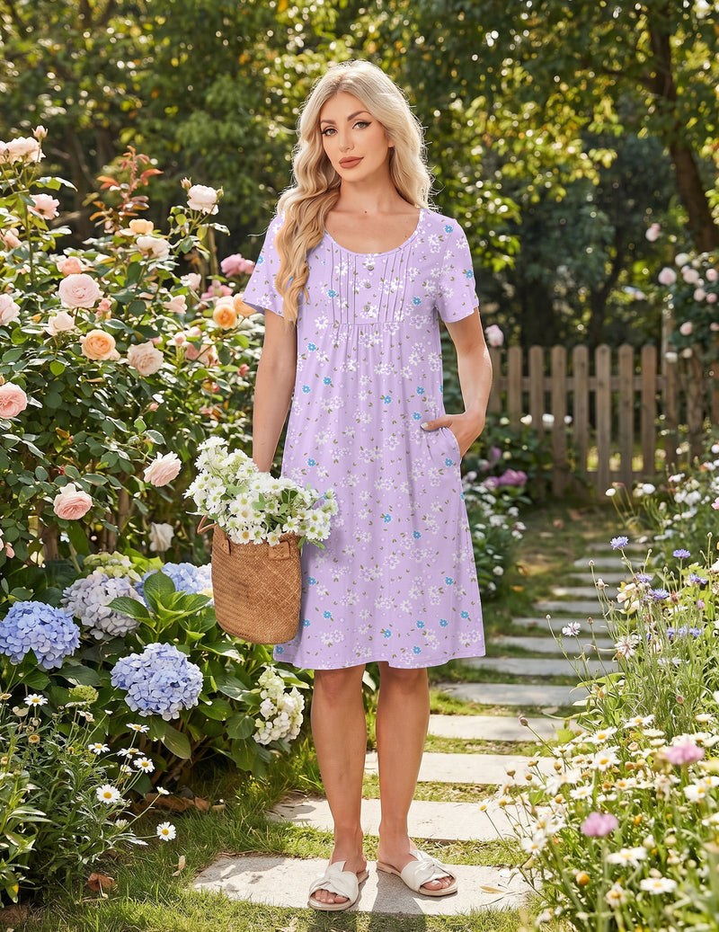 Floral short-sleeve mumu house dress in light purple with tiny blooms, gathered neckline