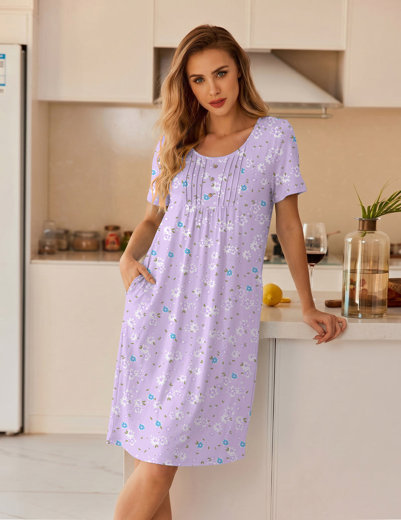 Floral short-sleeve mumu house dress in pale lavender with scattered multicolor flowers
